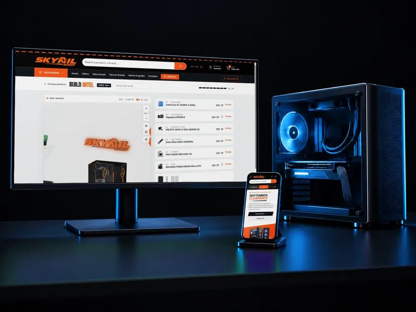 Staged scene: the Skymil Shop PC configurator on a large screen, with selected parts and an automatic quote, and the store on mobile (real captures)