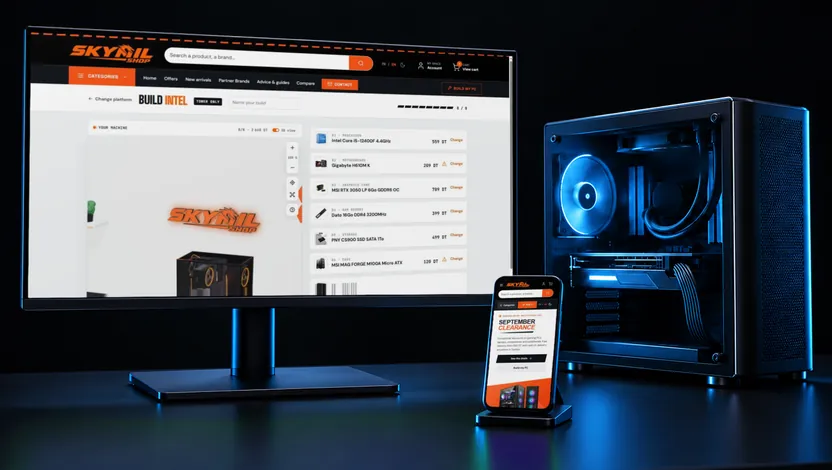 Staged scene: the Skymil Shop PC configurator on a large screen and the store on mobile (real captures)